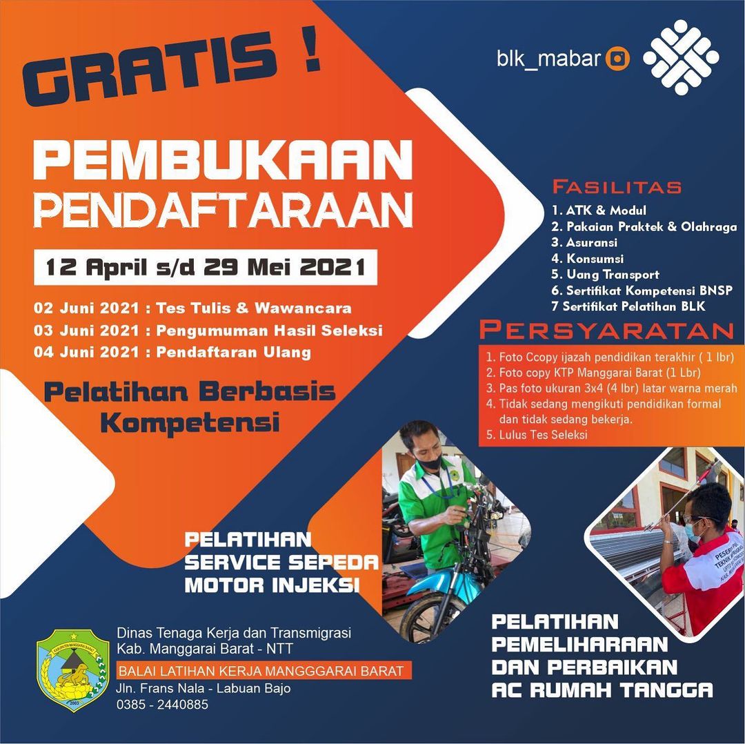 Pendaftaran Pelatihan Berbasis Kompetensi Service Sepeda Motor Injeksi dan Pelatihan Dan Perbaikan AC Rumah Tangga
